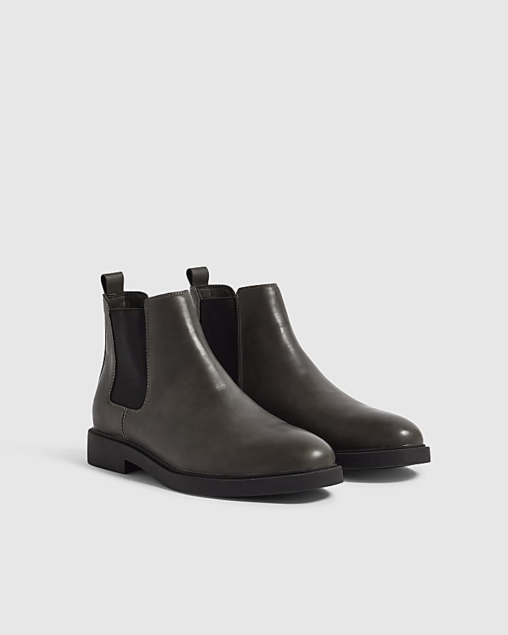 Grey Faux Leather Chelsea Boots