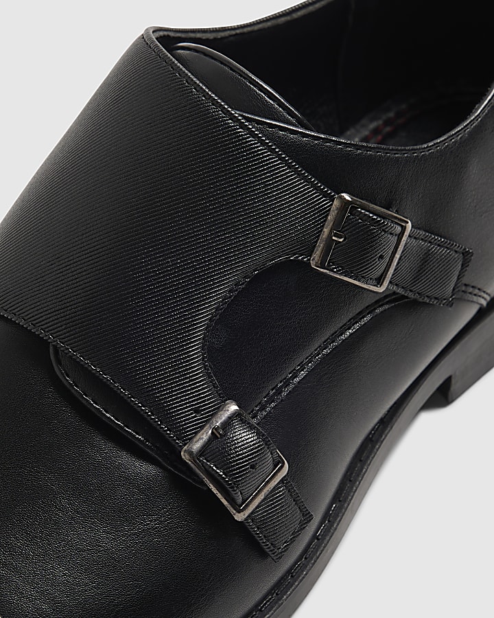 Black Faux Leather Monk Strap Shoes