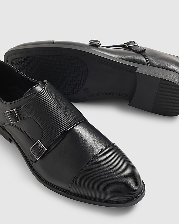 Black Faux Leather Monk Strap Shoes