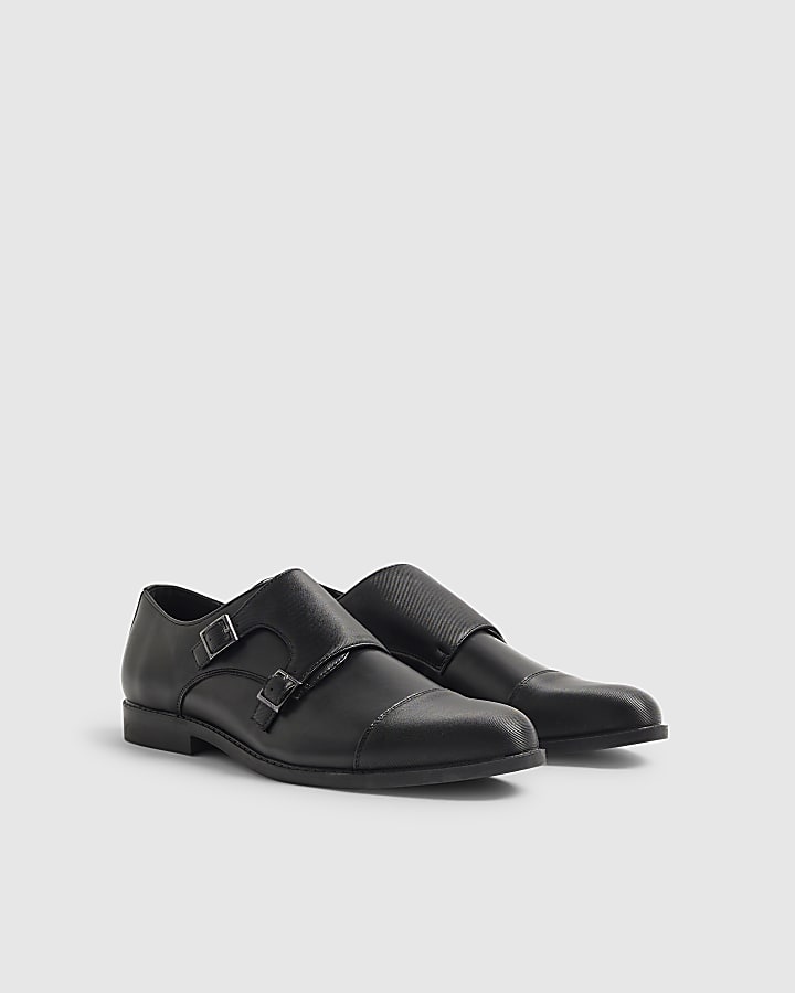 Black Faux Leather Monk Strap Shoes