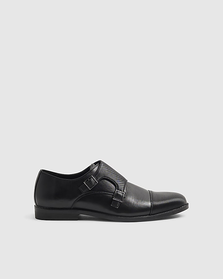 Black Faux Leather Monk Strap Shoes