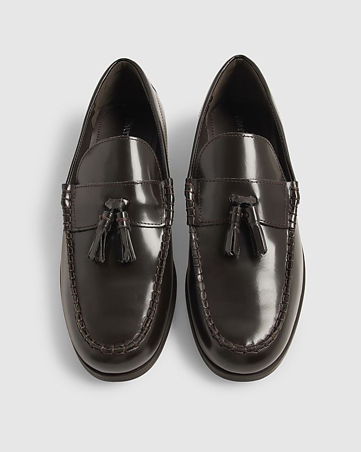 Brown Leather Textured Tassel Loafers