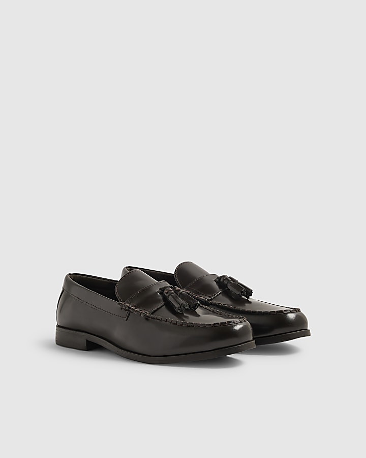 Brown Leather Textured Tassel Loafers
