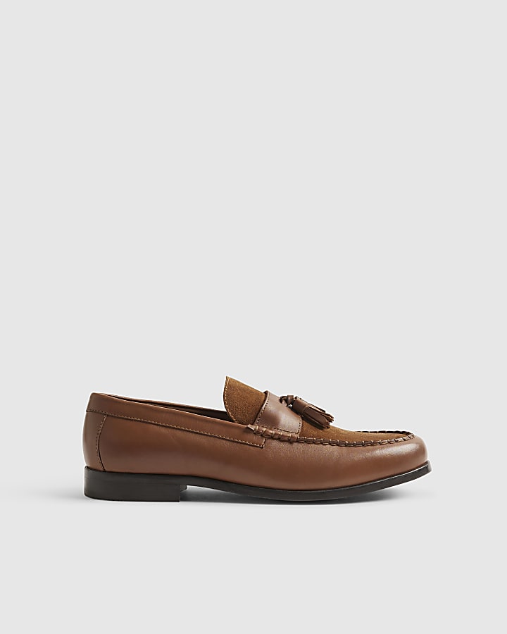Brown Leather Textured Tassel Loafers