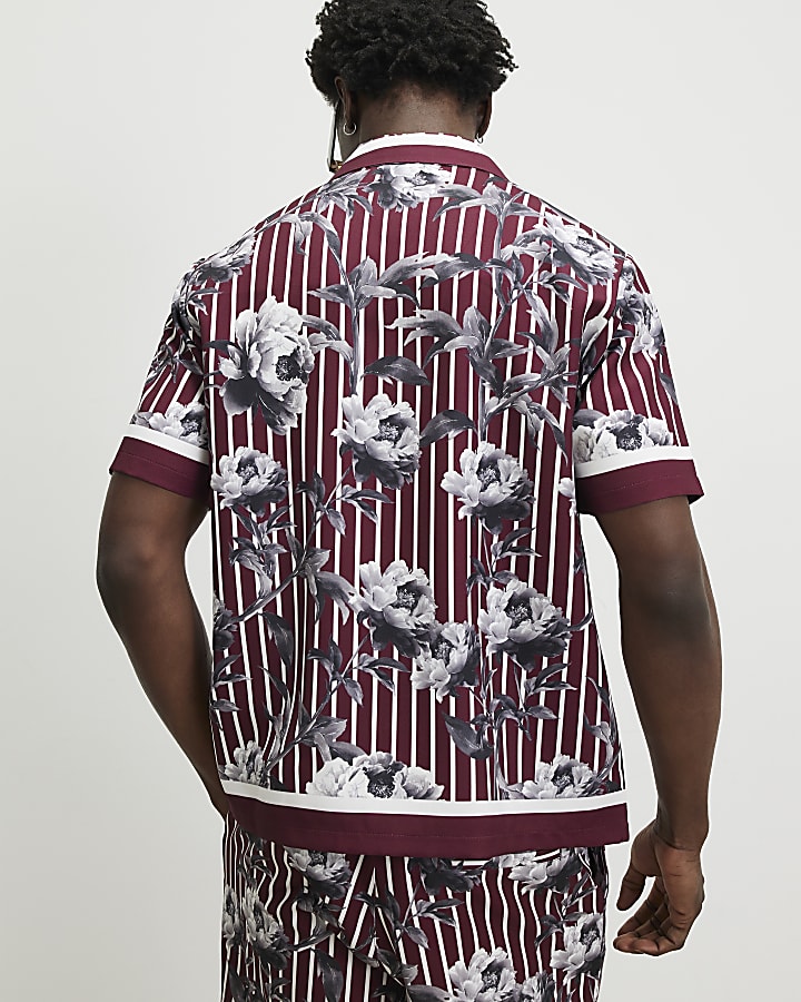 Red Regular Fit Stripe Floral Shirt
