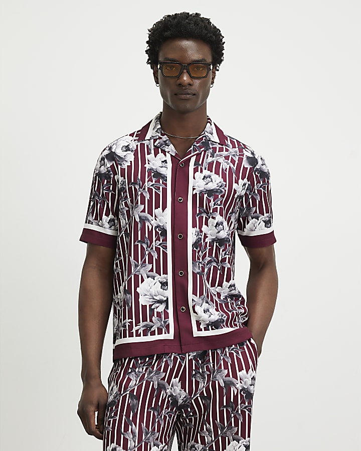 Red Regular Fit Stripe Floral Shirt