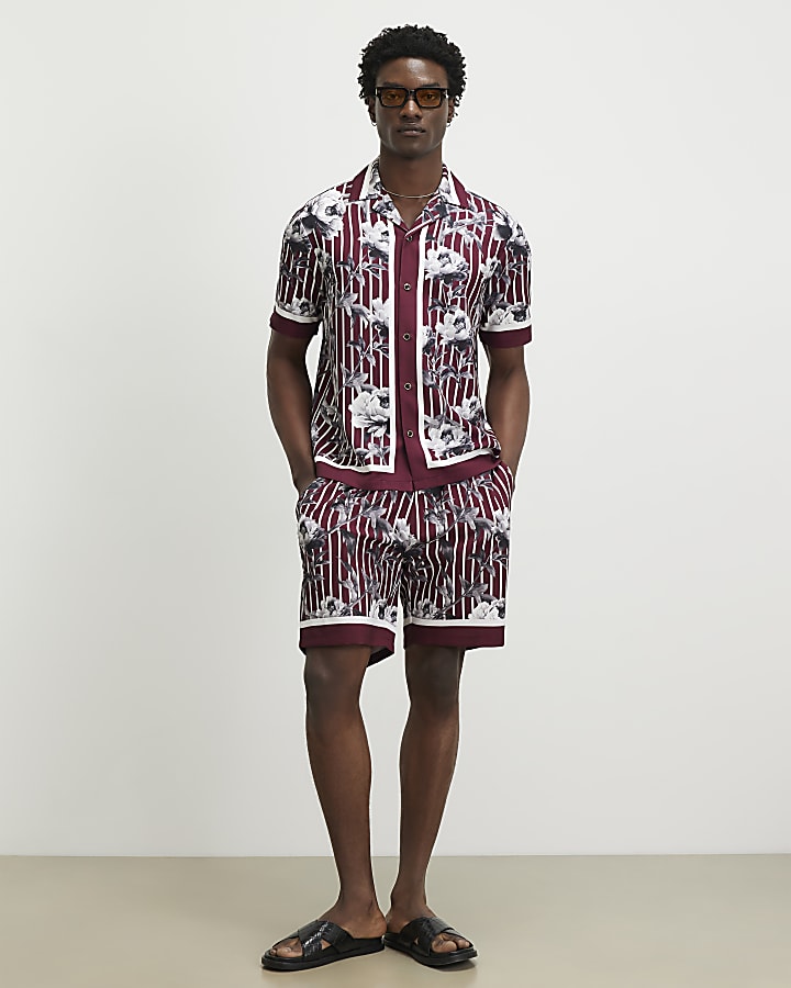 Red Regular Fit Stripe Floral Shirt