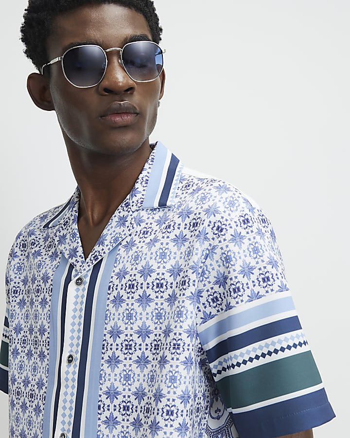 Blue Regular Fit Multi Tile Print Shirt