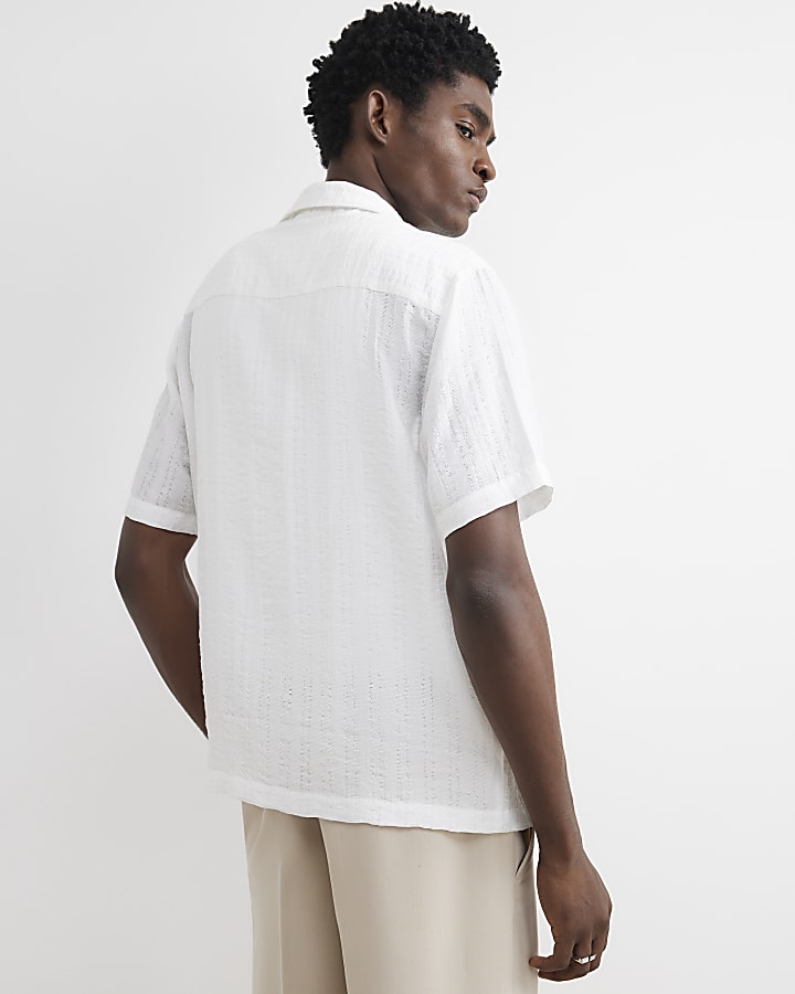 White Cotton Blend Short Sleeve Shirt