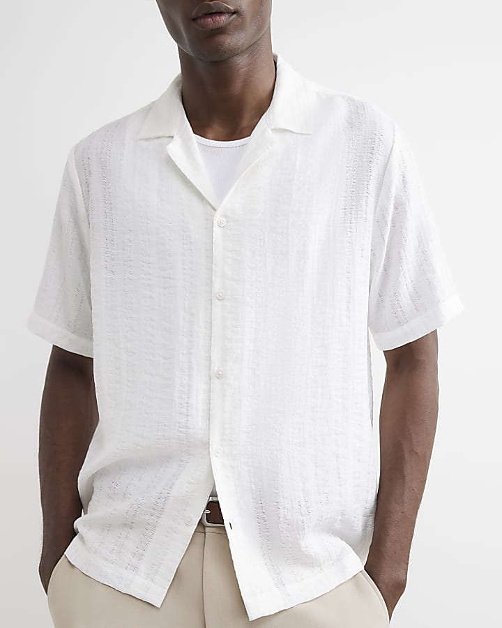 White Cotton Blend Short Sleeve Shirt