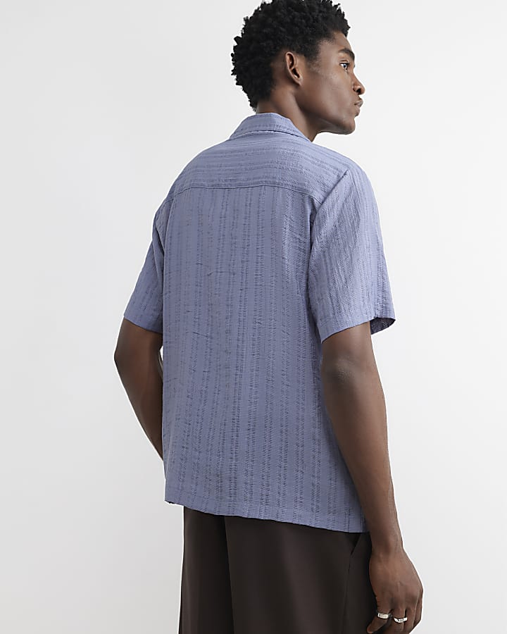 Blue Cotton Blend Short Sleeve Shirt