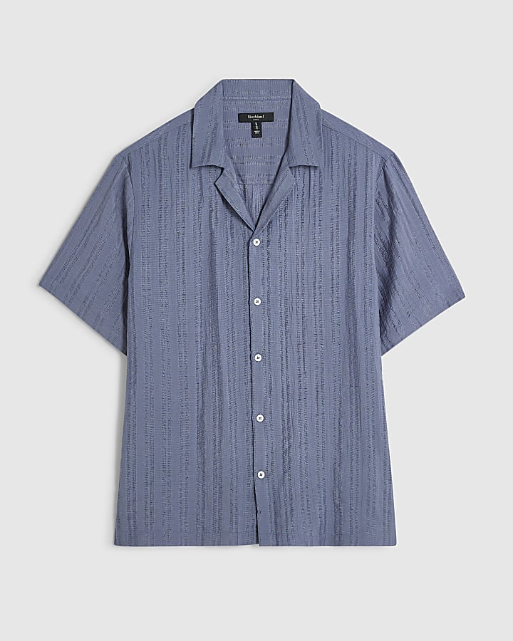 Blue Cotton Blend Short Sleeve Shirt