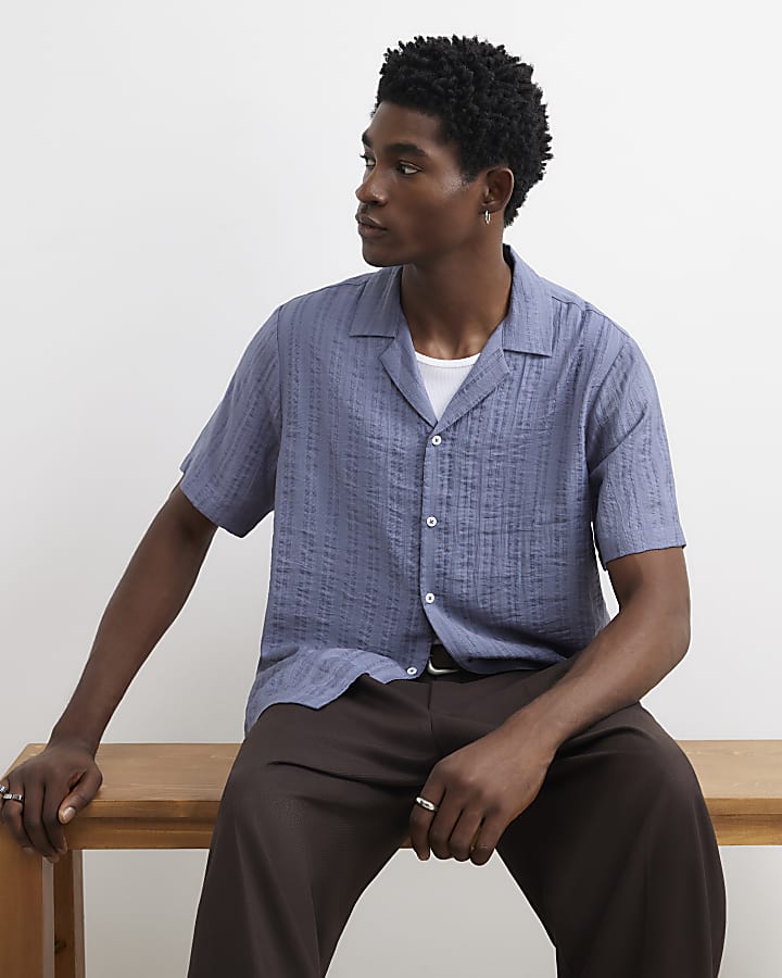 Blue Cotton Blend Short Sleeve Shirt