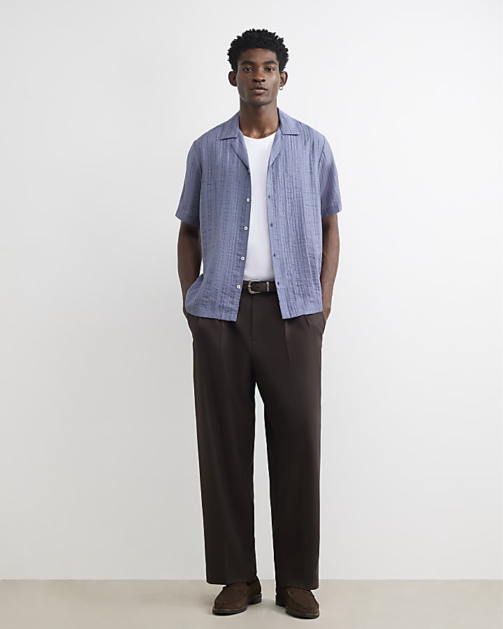 Blue Cotton Blend Short Sleeve Shirt