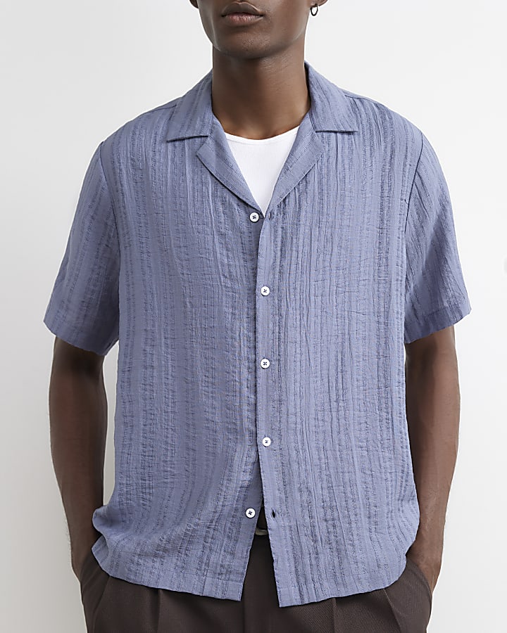 Blue Cotton Blend Short Sleeve Shirt