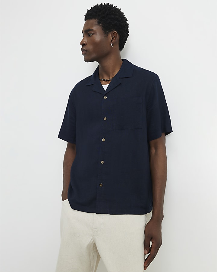 Navy Linen Blend Luminus Short Sleeve Shirt