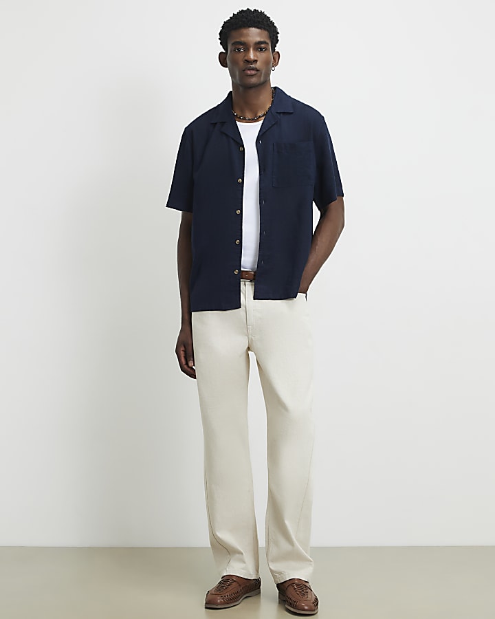 Navy Linen Blend Luminus Short Sleeve Shirt