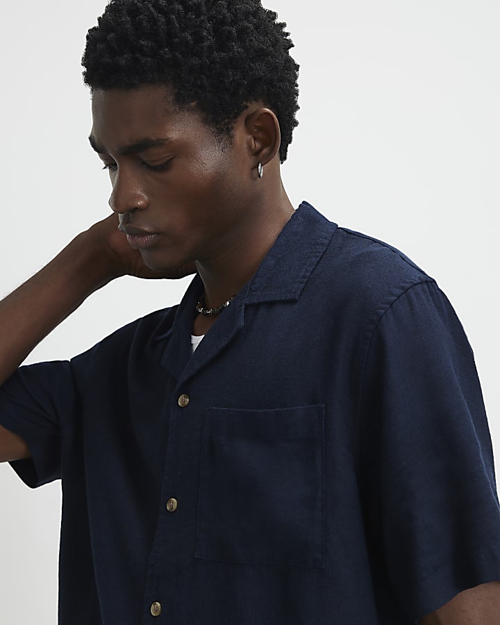 Navy Linen Blend Luminus Short Sleeve Shirt