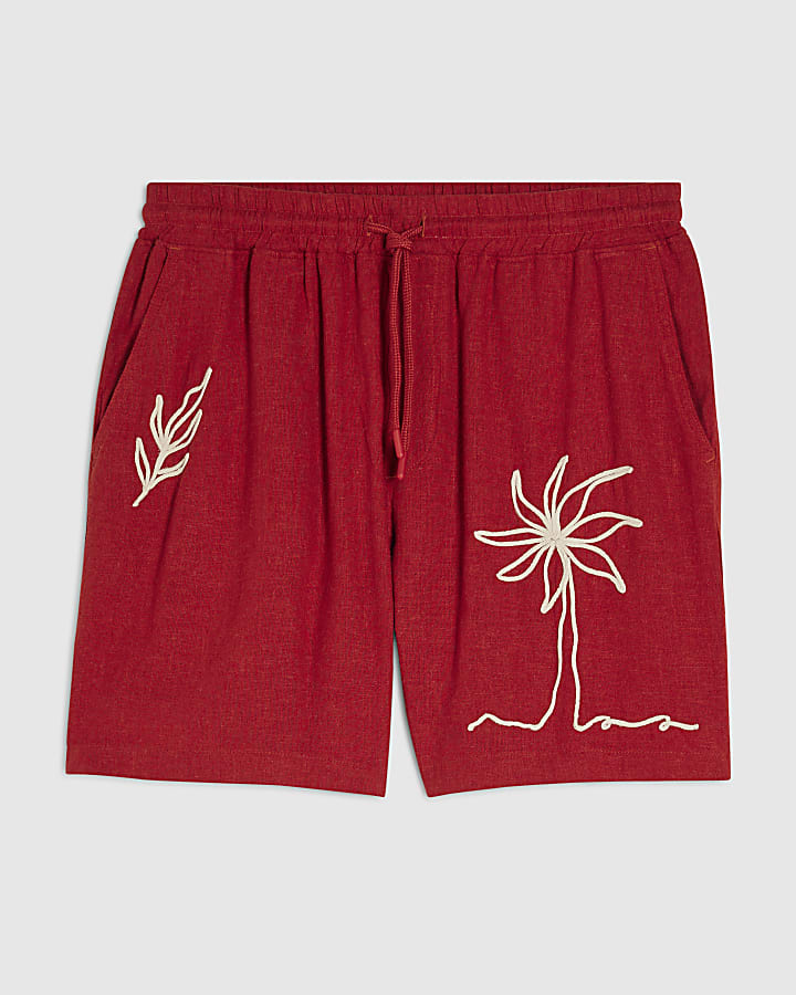 Red Drawstring Embroidered Roping Shorts