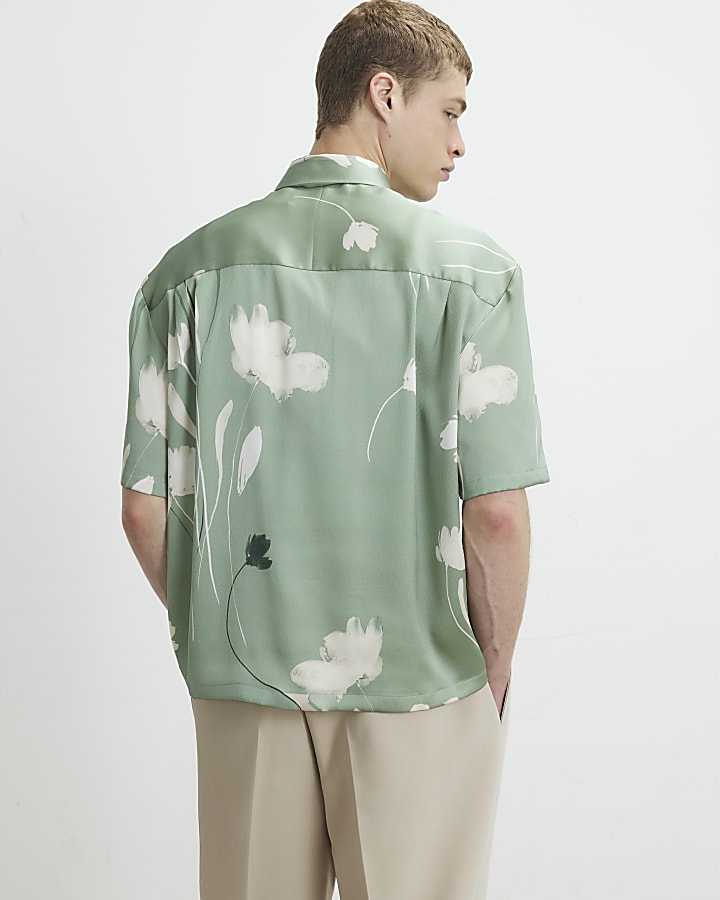 Green Short Sleeve Satin Floral Shirt