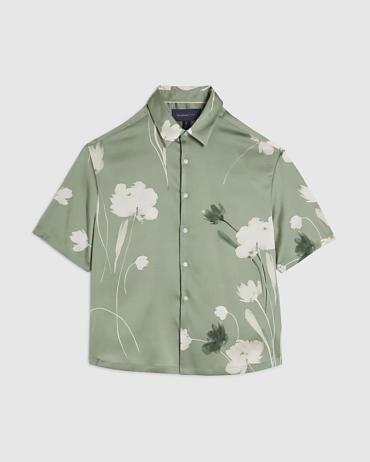 Green Short Sleeve Satin Floral Shirt