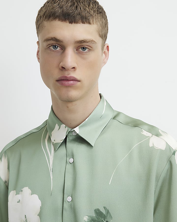 Green Short Sleeve Satin Floral Shirt