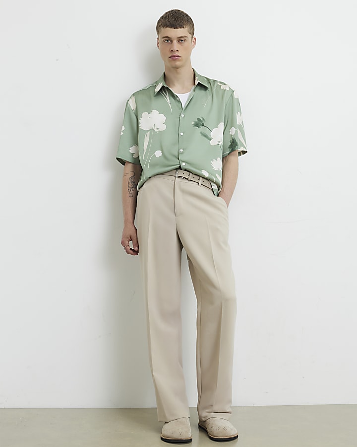 Green Short Sleeve Satin Floral Shirt