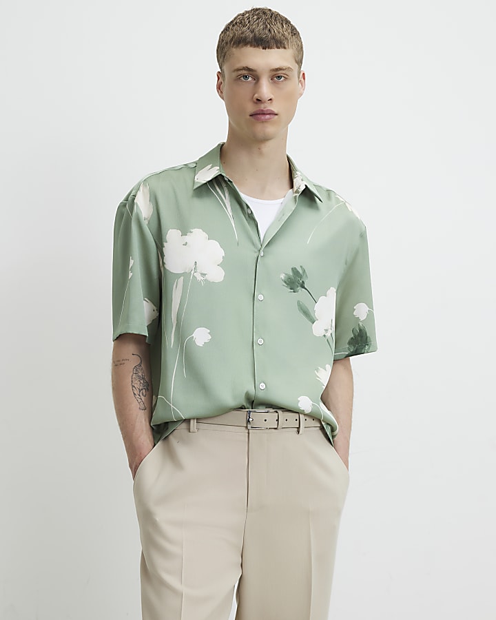 Green Short Sleeve Satin Floral Shirt
