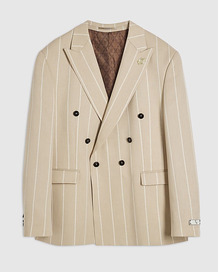 Beige Twisted Tailor Pinstripe Suit Jacket