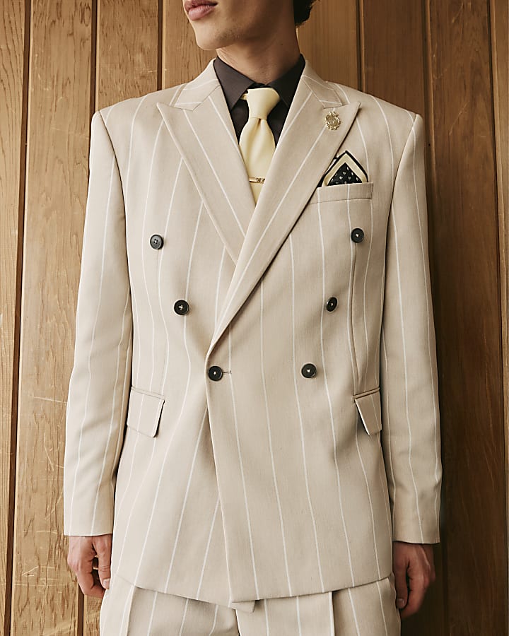 Beige Twisted Tailor Pinstripe Suit Jacket