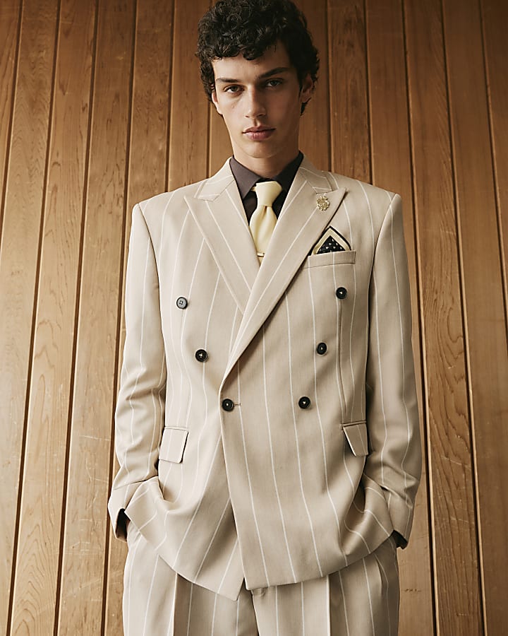 Beige Twisted Tailor Pinstripe Suit Jacket