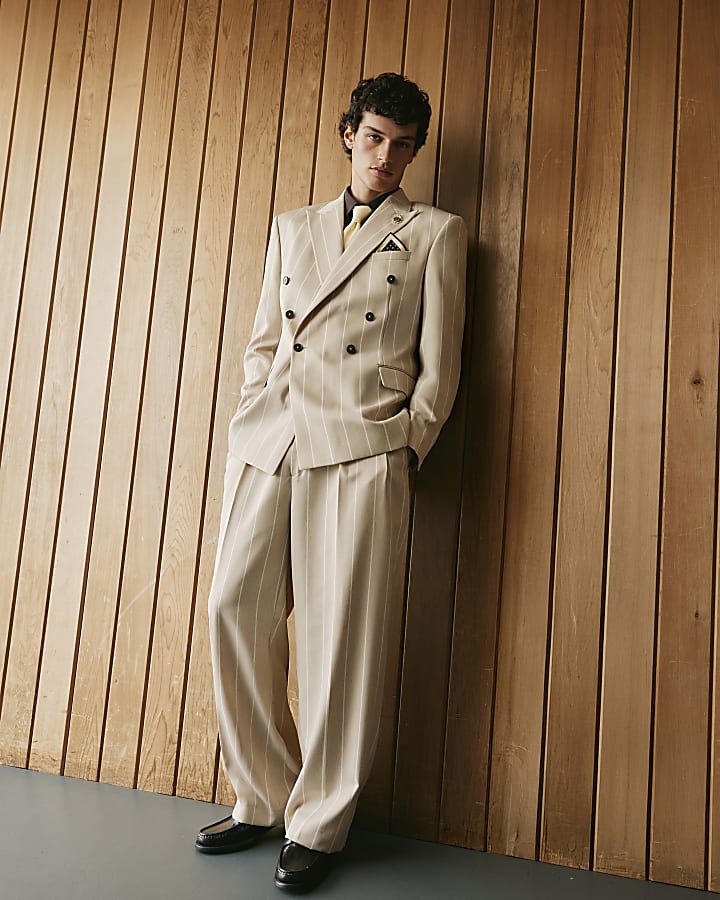 Beige Twisted Tailor Pinstripe Suit Jacket