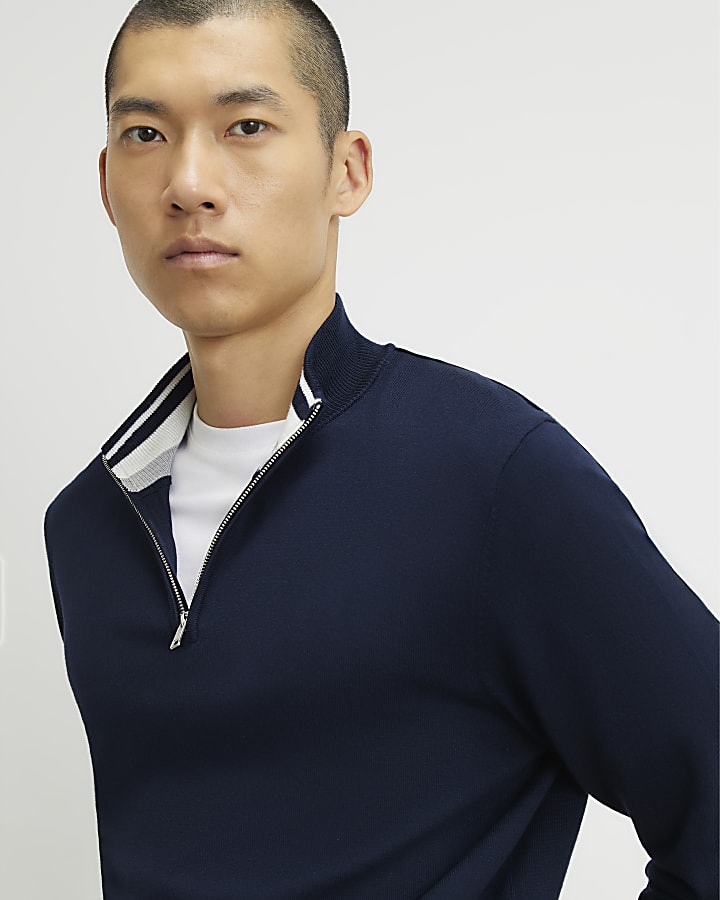 Navy Slim Fit Half Zip Jumper