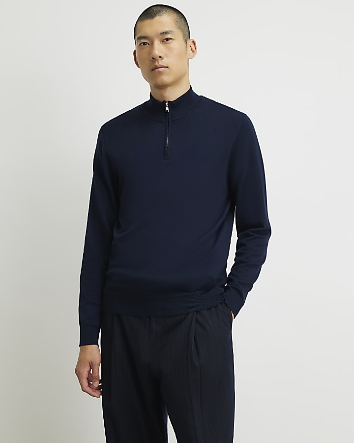 Navy Slim Fit Half Zip Jumper