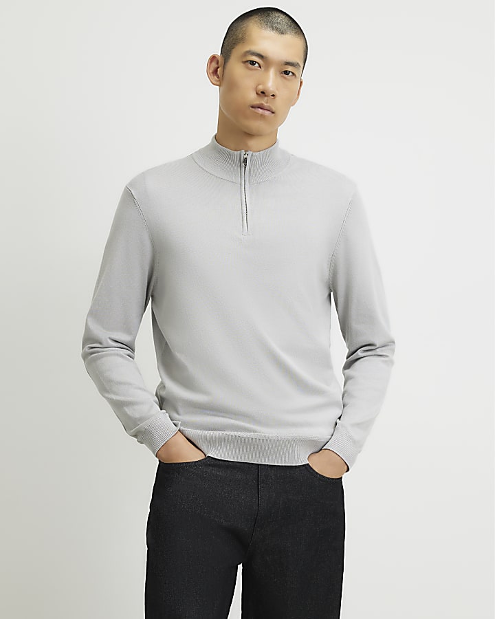 Grey Slim Fit Half Zip Jumper