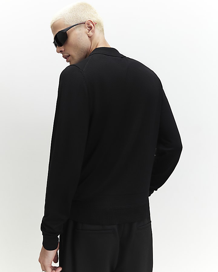 Black Slim Fit Long Sleeve Polo Shirt