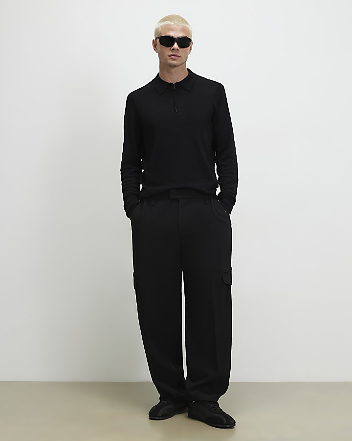 Black Slim Fit Long Sleeve Polo Shirt