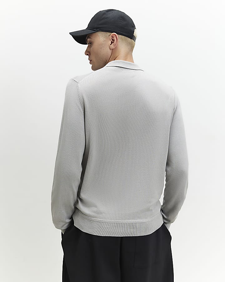 Grey Slim Fit Long Sleeve Polo Shirt