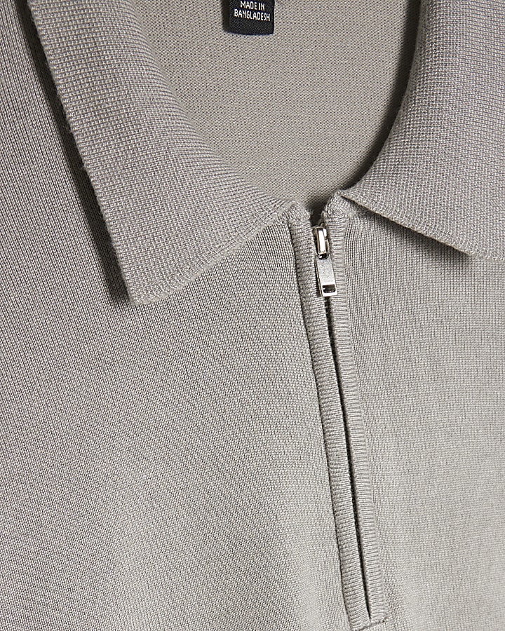 Grey Slim Fit Long Sleeve Polo Shirt
