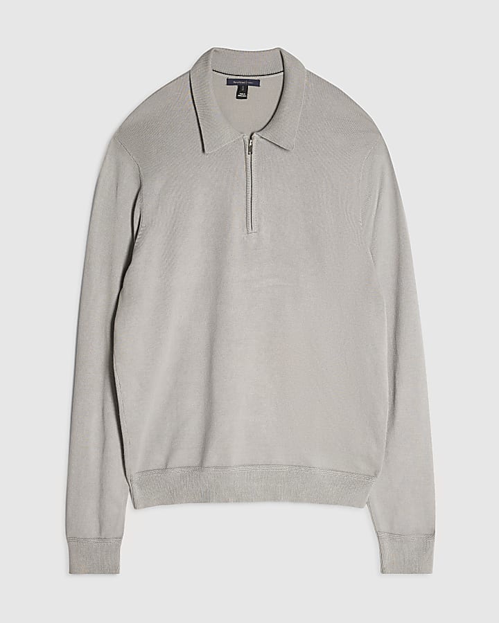 Grey Slim Fit Long Sleeve Polo Shirt