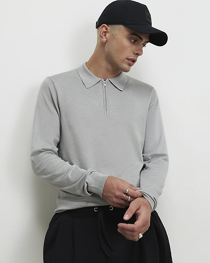 Grey Slim Fit Long Sleeve Polo Shirt