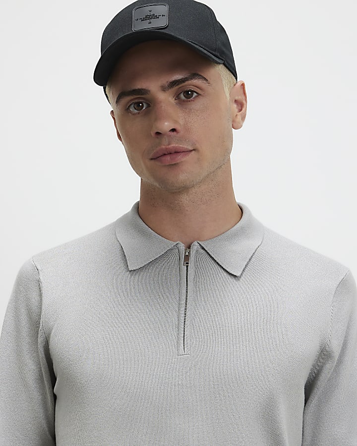 Grey Slim Fit Long Sleeve Polo Shirt