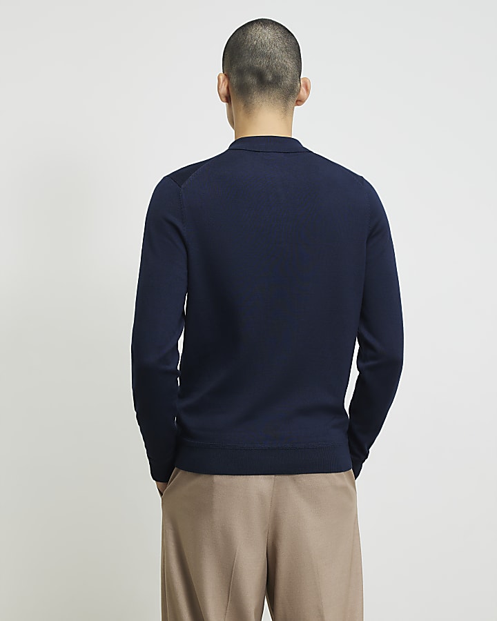 Navy Slim Fit Knitted Polo Shirt