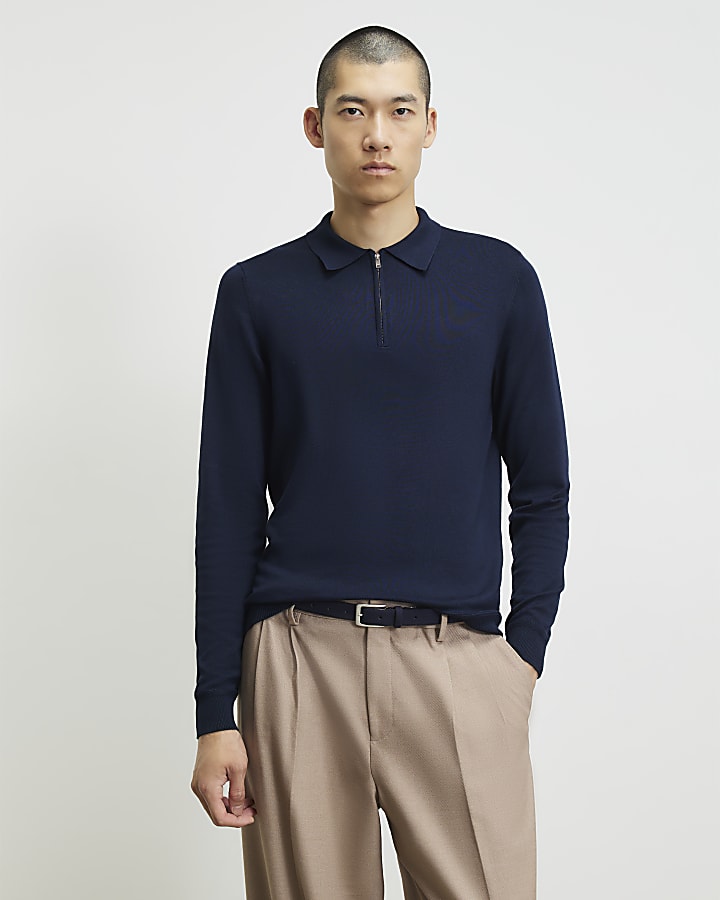 Navy Slim Fit Knitted Polo Shirt