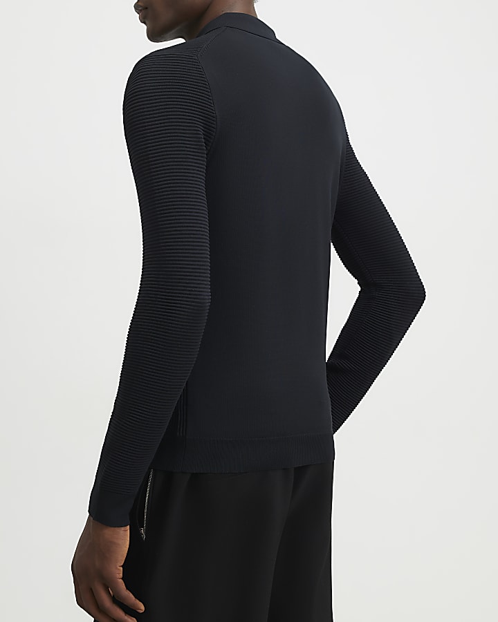 Black Muscle Fit Textured Polo Shirt