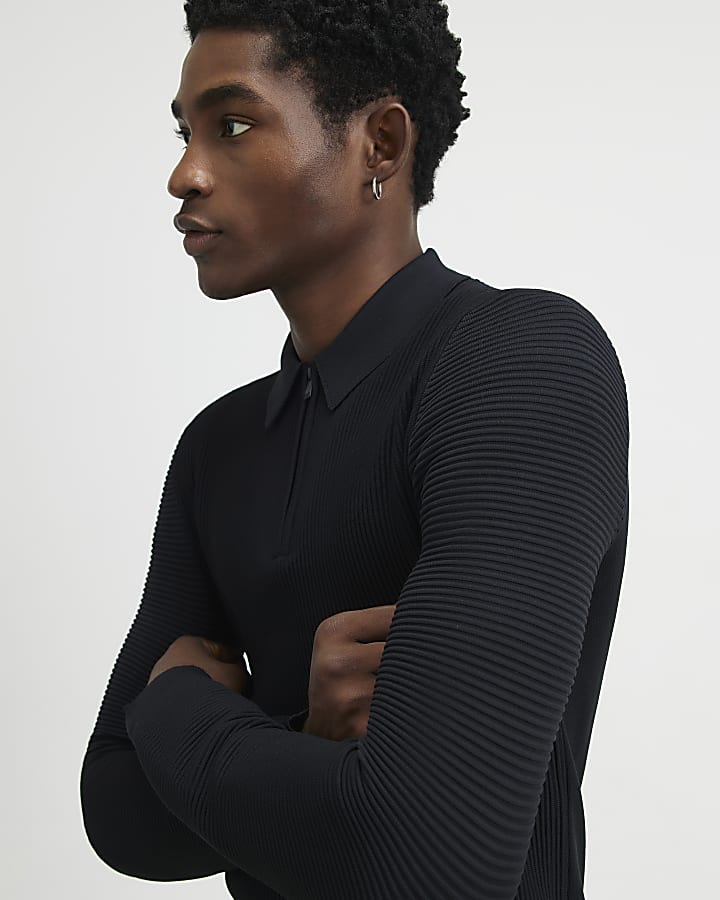 Black Muscle Fit Textured Polo Shirt
