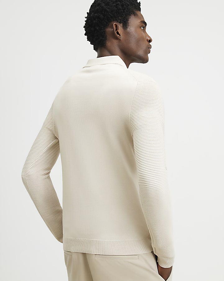 Beige Muscle Fit Textured Polo Shirt