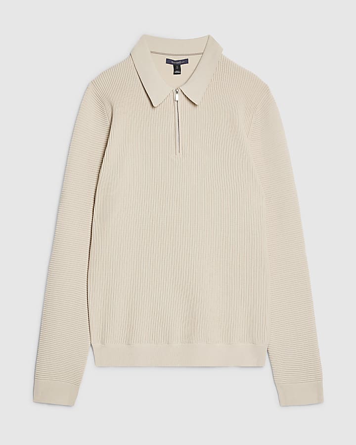 Beige Muscle Fit Textured Polo Shirt
