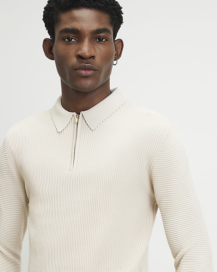 Beige Muscle Fit Textured Polo Shirt