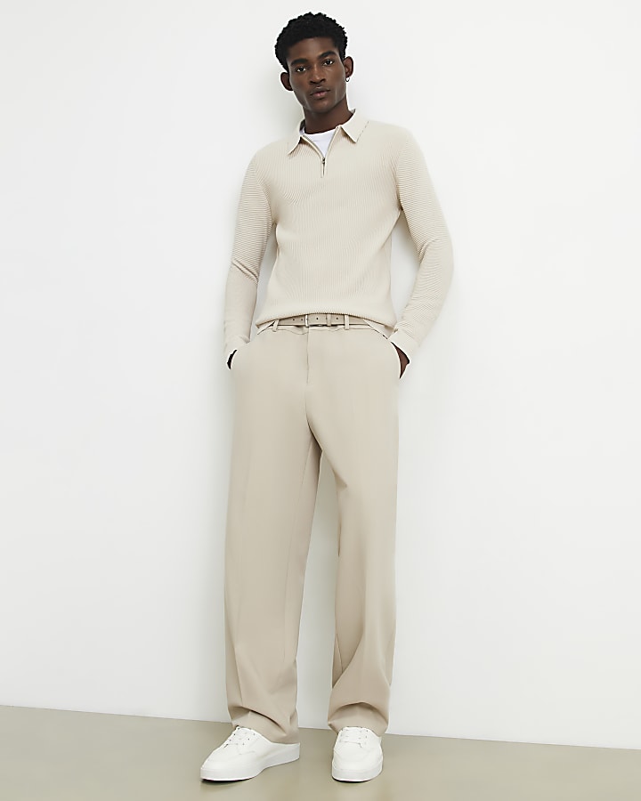 Beige Muscle Fit Textured Polo Shirt